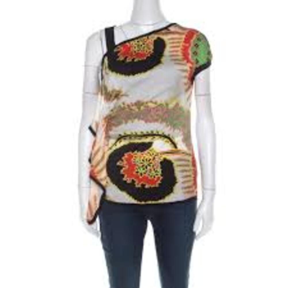 Roberto Cavalli Multicolor Abstract Printed Silk Asymmetrical Shoulder